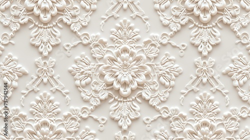 3D rendering of a seamless damask pattern. The pattern is made up of repeating floral motifs. The image is white and has a luxurious, elegant look.