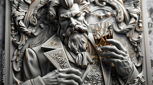playing card. Retro King of Diamant with whisky glass in hand. Greyscale. 3D bas-relief. High resolution.