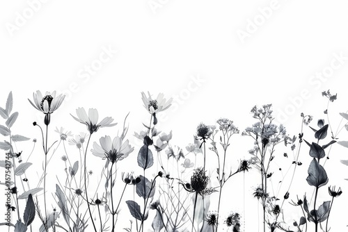 Monochrome botanical floral pattern with various flowers. A seamless, elegant black and white floral pattern featuring assorted blooming flowers and foliage, perfect for a variety of design uses. © Merilno