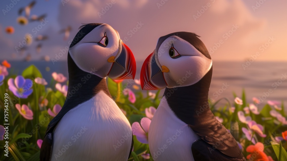 Fototapeta premium a couple of birds standing next to each other on top of a field of flowers in front of a body of water.