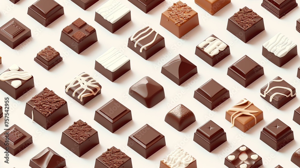 A variety of delicious chocolates arranged in a regular pattern on white background.