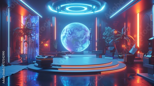 Sci-fi futuristic interior of a spaceship with blue and red neon lights, a large globe in the center, and plants in the background.