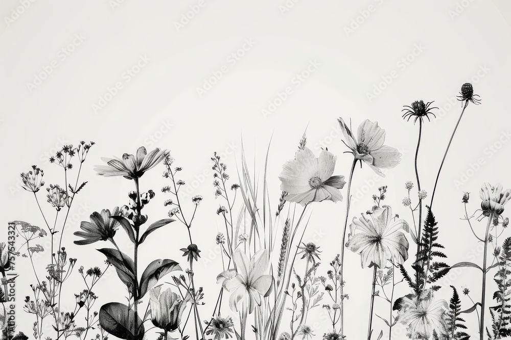 Naklejka premium Monochrome botanical floral pattern with various flowers. A seamless, elegant black and white floral pattern featuring assorted blooming flowers and foliage, perfect for a variety of design uses.