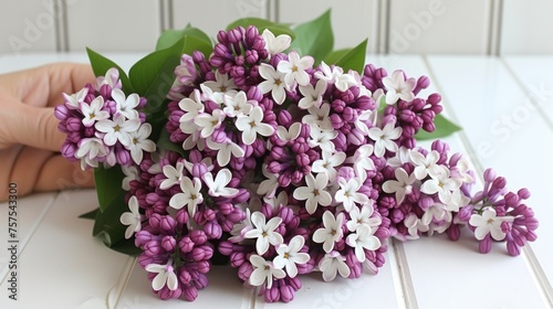 a bunch of purple and white flowers sitting on top of a white tile floor next to a person's hand.