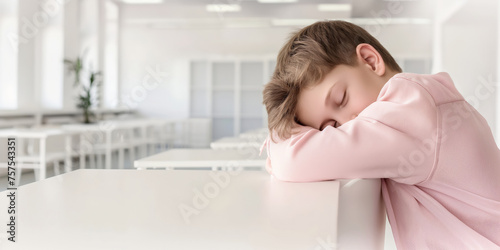 Young Boy Asleep at Desk in Bright Classroom - Restful School Day. Tired after school. Banner with copy space