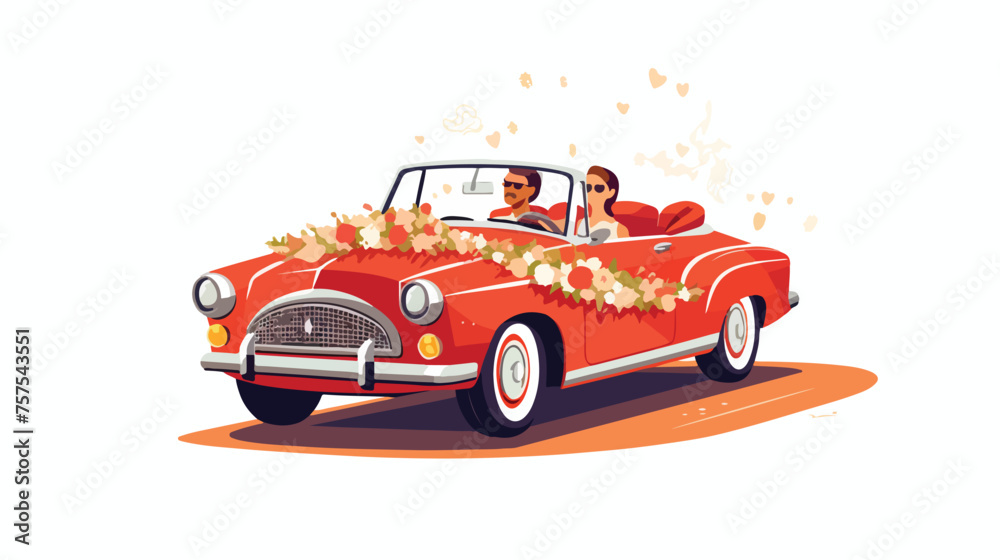 Newlywed couple is driving a vintage convertible 