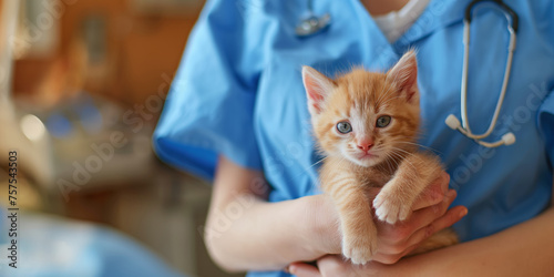 Ginger Kitten Cradled Gently in Veterinary Caregiver's Blue-Garbed Hands