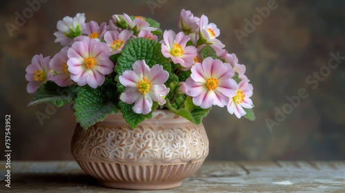 a vase filled with pink flowers sitting on top of a wooden table next to a green leafy planter. photo