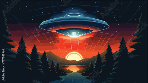 Night alien world landscape and ufo spaceship 