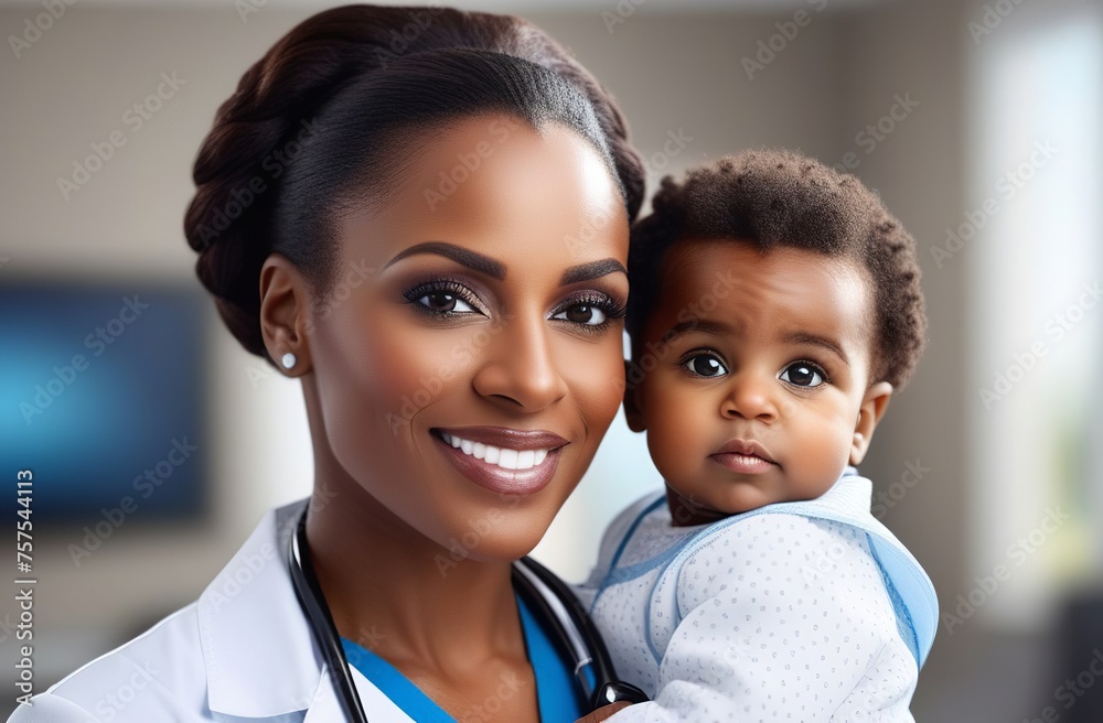 Black woman doctor in medical gown with stethoscope with little black boy. Hospital banner with African-American nurse smiling. Close-up of the face. Black woman doctor in medical gown with stethoscope with little black boy. Hospital banner with African-American nurse smiling. Close-up of the face.