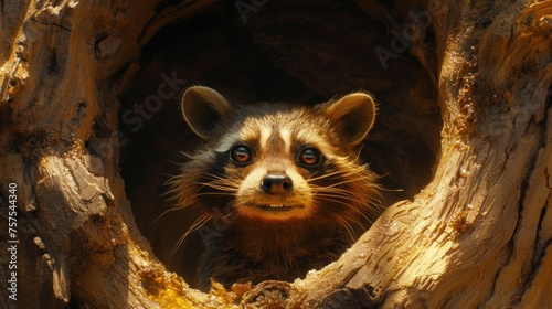 a close up of a raccoon looking out of a hole in the bark of a large tree trunk. photo