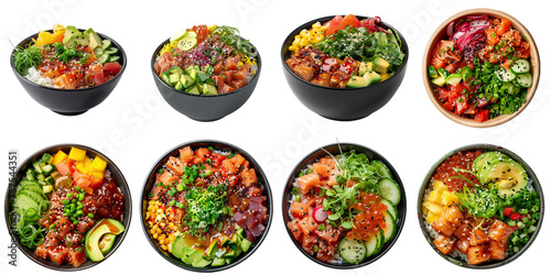 Poke bowl rice transparent set collection in 3d png no background.