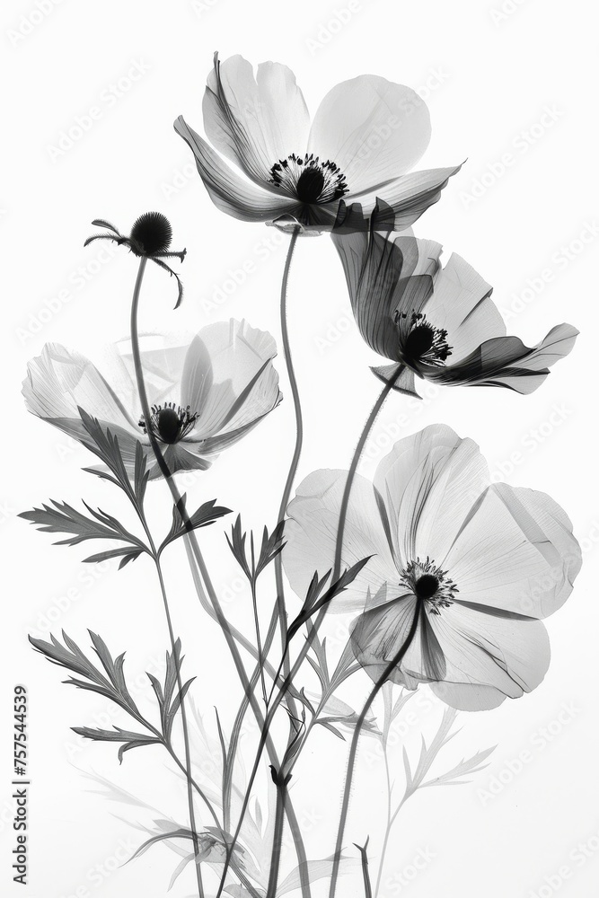 Monochrome botanical floral pattern with various flowers. A seamless, elegant black and white floral pattern featuring assorted blooming flowers and foliage, perfect for a variety of design uses.