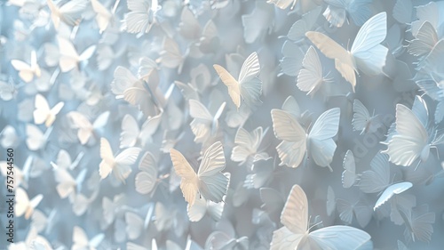 an abstract and creative wall design featuring a swarm of delicate white butterflies in flight. The composition showcases the ethereal beauty of these butterflies SEAMLESS PATTERN