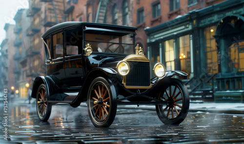 Vintage black car on a wet cobblestone street with city buildings in the background. Realistic 3D render with historical vehicle. Classic automotive concept for poster, wallpaper.. © Cantarela