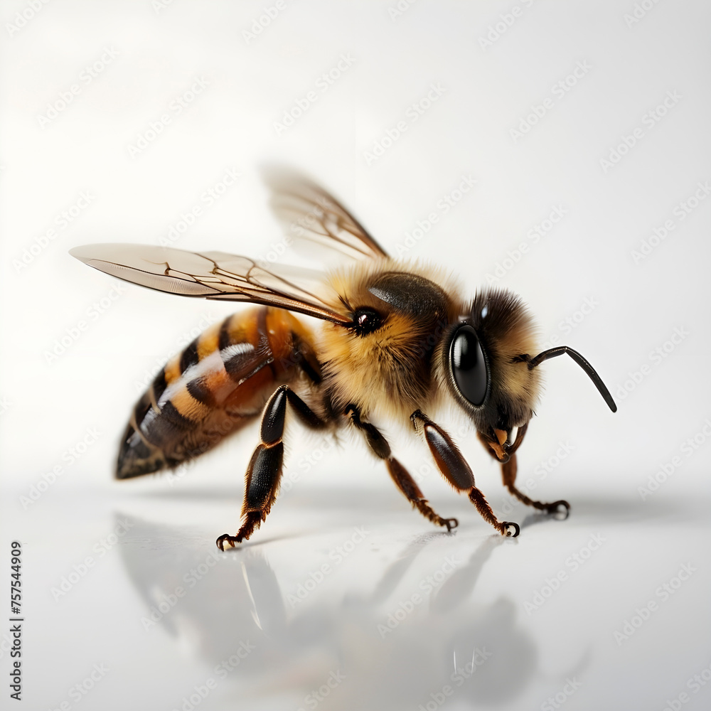 Macro Elegance. A Captivating Bee in Flight, Isolated on a White Canvas Macro Elegance. A Captivating Bee in Flight, Isolated on a White Canvas