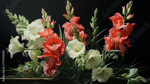 Glorious Gladiolus Cluster of Flowers in Close-up on Luscious Green Canvas