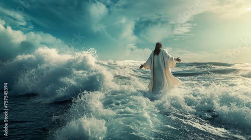Jesus commanding peace to the winds and waves, instilling faith and tranquility in His followers, with copy space photo