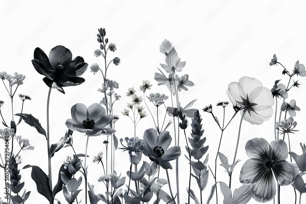 Monochrome botanical floral pattern with various flowers. A seamless, elegant black and white floral pattern featuring assorted blooming flowers and foliage, perfect for a variety of design uses. - obrazy, fototapety, plakaty 