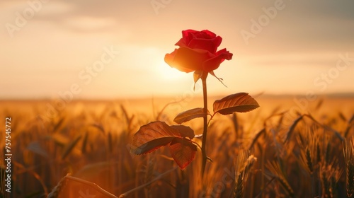 a single red rose is in the middle of a field of wheat as the sun sets over a wheatfield.