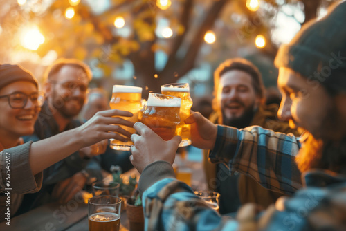 Alemania Beer Gleams in a Joyous Toast: Friends Gather, Twinkling Lights, Warm Smiles, Evening Cheers, Shared Stories, Golden Moments