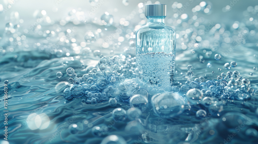 Oceanic Beauty Concept, Bottle of Care Product Engulfed in Sea Foam and Light Oceanic Beauty Concept, Bottle of Care Product Engulfed in Sea Foam and Light