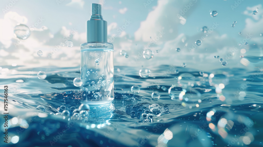 Oceanic Beauty Concept, Bottle of Care Product Engulfed in Sea Foam and Light Oceanic Beauty Concept, Bottle of Care Product Engulfed in Sea Foam and Light