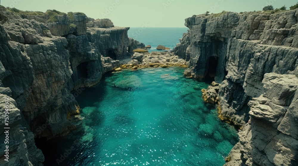 a body of water surrounded by rocky cliffs and a body of water in the middle of a body of water. a body of water surrounded by rocky cliffs and a body of water in the middle of a body of water.
