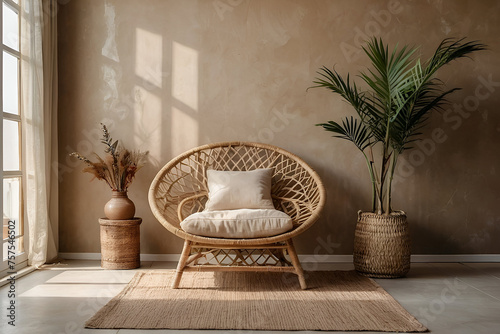 Empty beige wall mockup in boho room interior with wicker armchair and vase. Natural daylight from a window. Promotion background