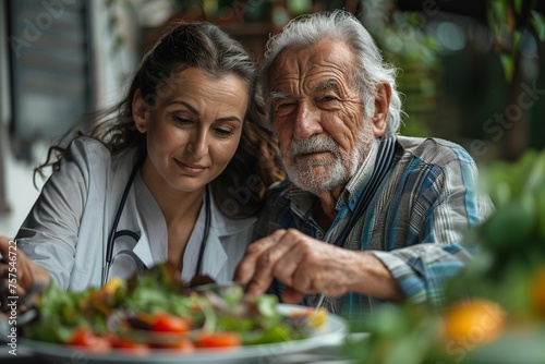 This heartwarming scene shows a senior nurse providing compassionate home care to an elderly patient during lunch, highlighting the importance of nutrition and the bond in healthcare photo