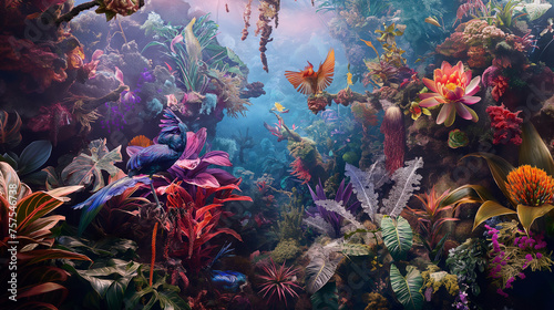 The moment of creation and innocence, depicted with a surreal, vibrant garden full of exotic, otherworldly plants and animals, with copy space