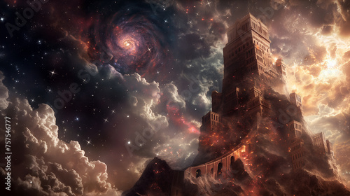 The Tower of Babel stretching into the cosmos, symbolizing humanity's ambition and the divine response, with celestial bodies and nebulae swirling around, with copy space