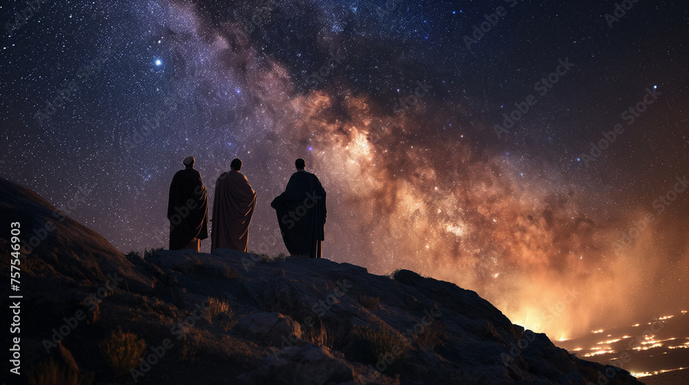 Jesus on the mountaintop with Moses and Elijah, bathed in divine light, with the Milky Way as the backdrop, illustrating a connection between heaven and earth, with copy space