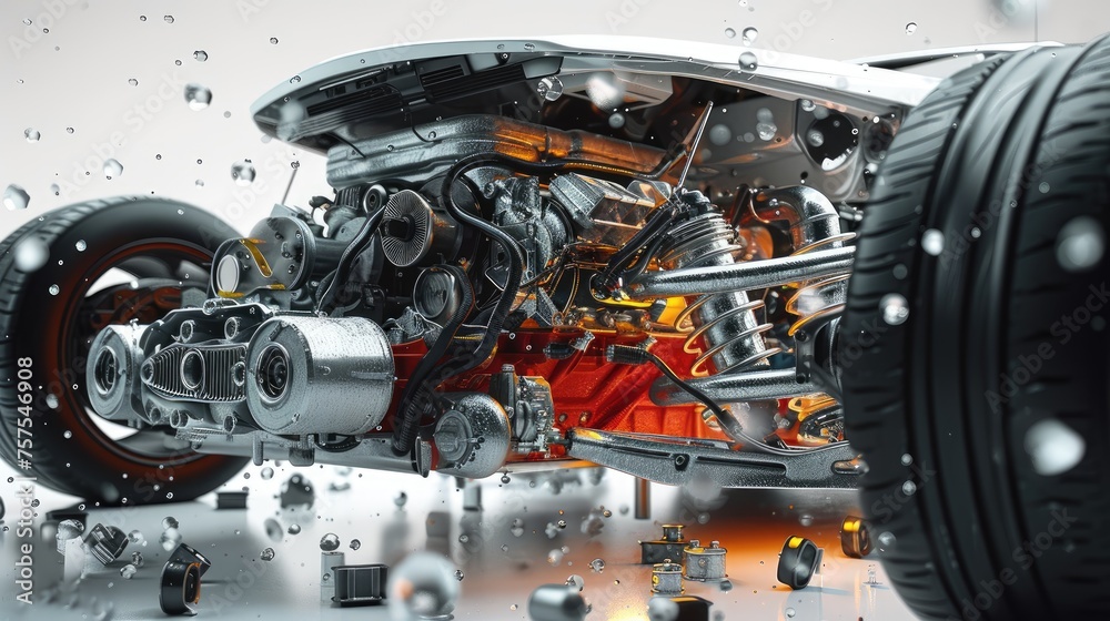 Fantasy Meticulous auto engine disassembly: a comprehensive visual journey, intricate components, gears, pistons, technology involved in disassembly of automotive engine meticulous inspection repair.