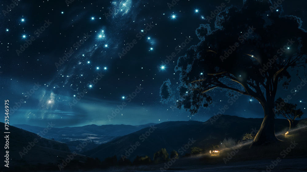 Fototapeta premium Joseph’s dream visualized with his family represented by celestial bodies in the night sky, foretelling his future, with copy space