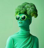 Character with broccoli headpiece and green sunglasses on a matching background