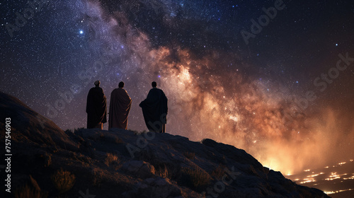 Jesus on the mountaintop with Moses and Elijah, bathed in divine light, with the Milky Way as the backdrop, illustrating a connection between heaven and earth, with copy space