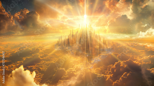 The holy city descending from the heavens, depicted with futuristic architecture and radiant with divine light, set against a backdrop of a new heaven and a new earth, with copy space © Катерина Євтехова