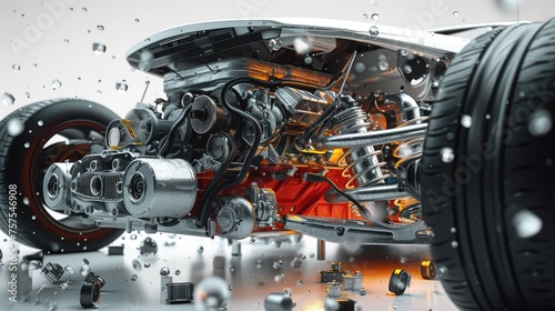 Fantasy Meticulous auto engine disassembly: a comprehensive visual journey, intricate components, gears, pistons, technology involved in disassembly of automotive engine meticulous inspection repair.