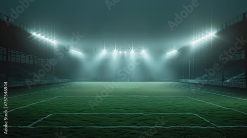 A football stadium lights up the night sky as the green pitch gleams under the floodlights  setting the stage for an exciting match.