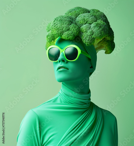Character with broccoli headpiece and green sunglasses on a matching background