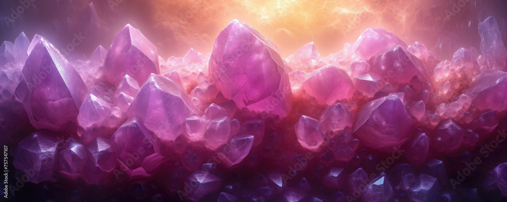 Purple pink crystals, light glows in background, closeup macro detail - abstract crystalline background. Generative AI - obrazy, fototapety, plakaty 
