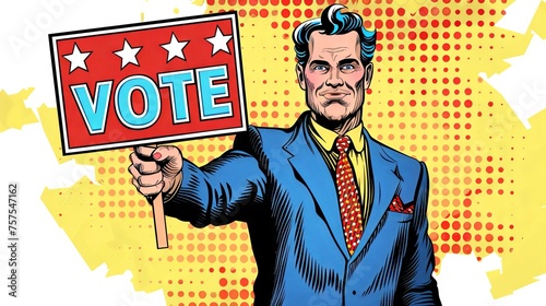 Man in a suit holding a VOTE sign, pop art style with halftone background. Male voter. Comic book illustration for political engagement and voter turnout campaigns. Elections and voting concept