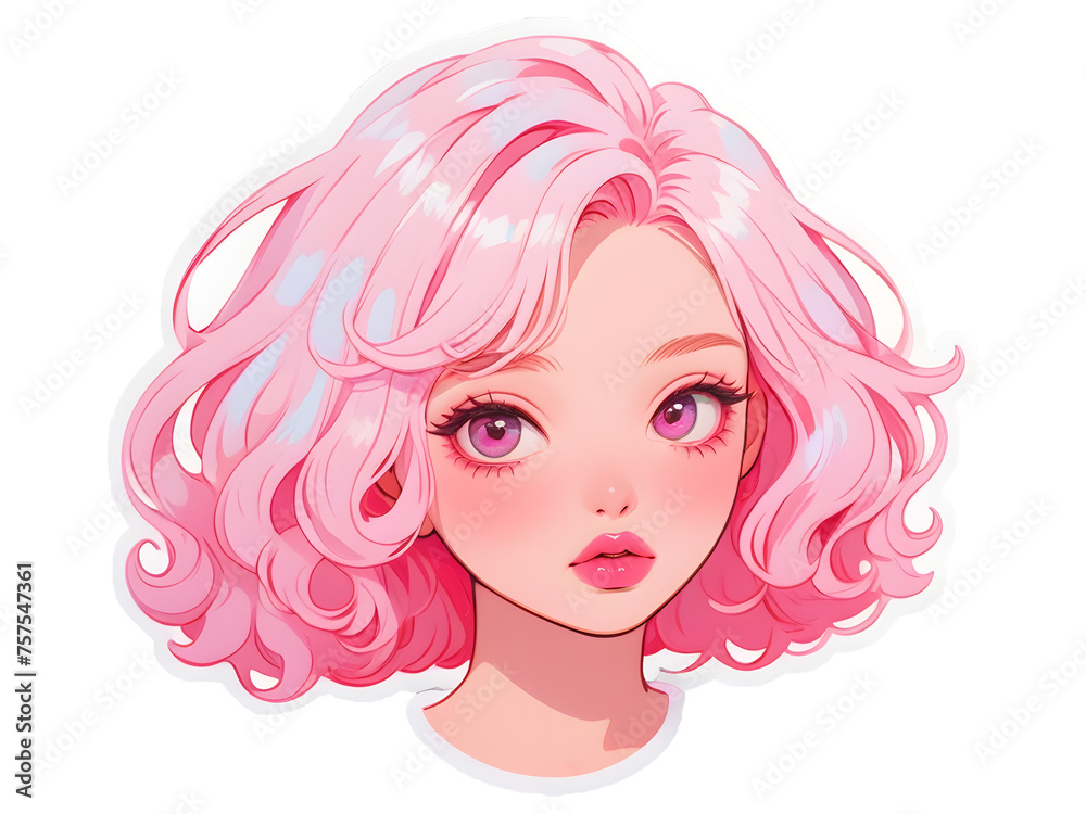Beautiful cartoon anime girl with pink hair sticker with white border Beautiful cartoon anime girl with pink hair sticker with white border
