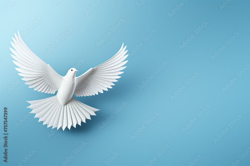 Fototapeta premium White paper origami bird on blue background сreated with Generative Ai