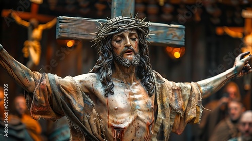 Crucified Jesus Christ, carved in wood. Sculpture of Christ on the cross. Concept of Easter, divinity, faith, crucifixion, redemption, resurrection, religious, Christian beliefs photo