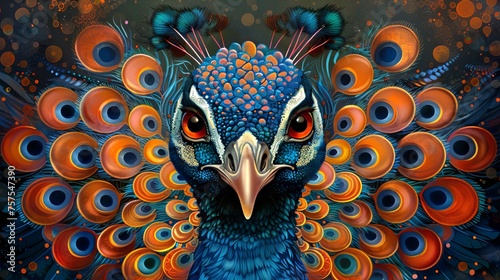 Vivid colorful peacock with bright feathers. Concept of wildlife beauty, ornithology, bird watching, exotic fauna. Dark background. DMT art style illustration of a peacock