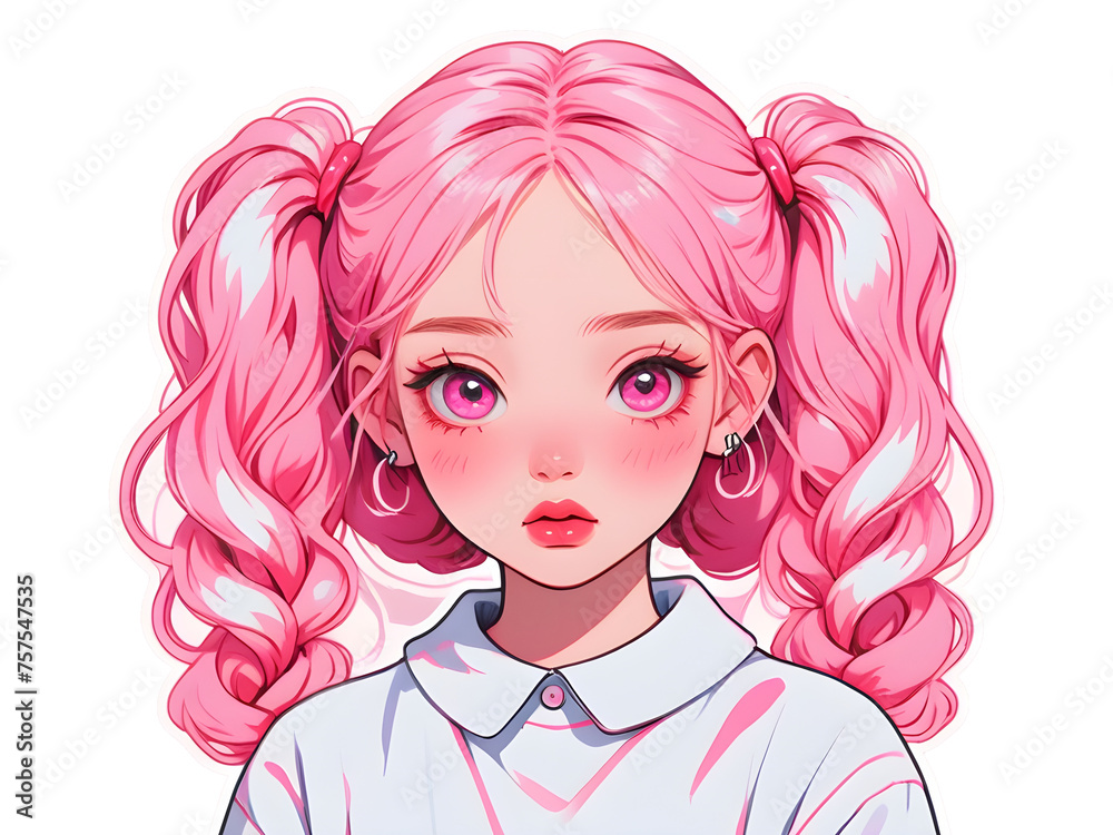Beautiful cartoon anime girl with pink hair sticker with white border