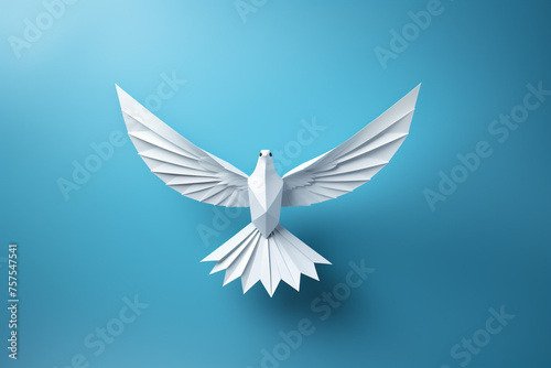 White paper origami bird on blue background   reated with Generative Ai