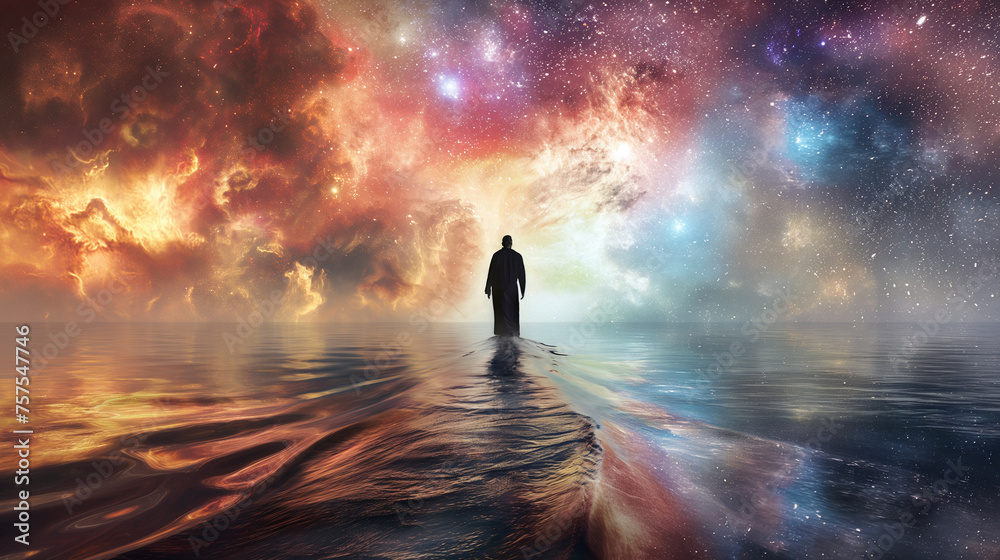 Reimagining Peter walking on water as walking on a galaxy towards Jesus, illustrating faith that transcends the physical realm, with copy space